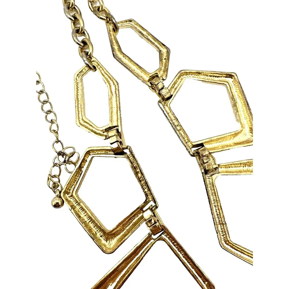 Geometric Link Bib Necklace Textured Gold Tone Modernist Statement 16